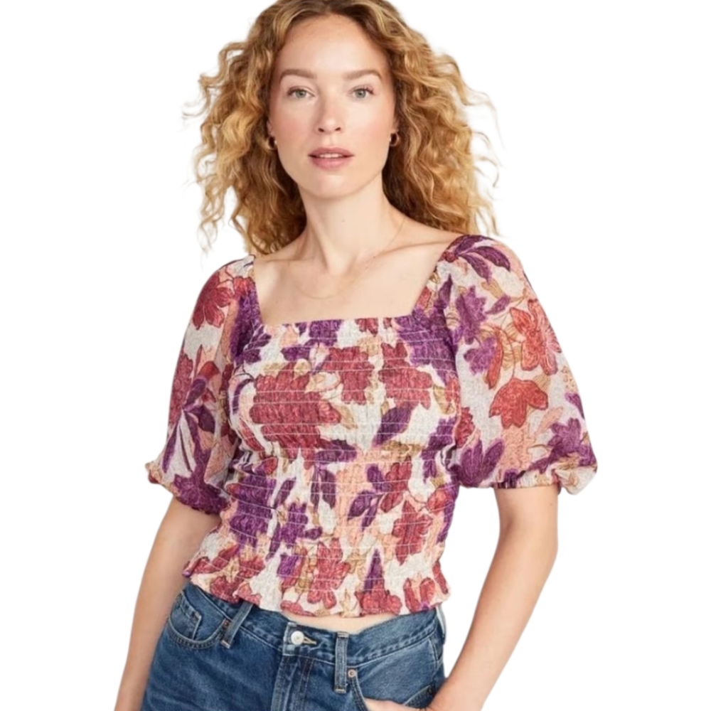 Old Navy L Floral Smocked Puff Sleeve Peplum Top Milkmaid Cottagecore‎ Coquette